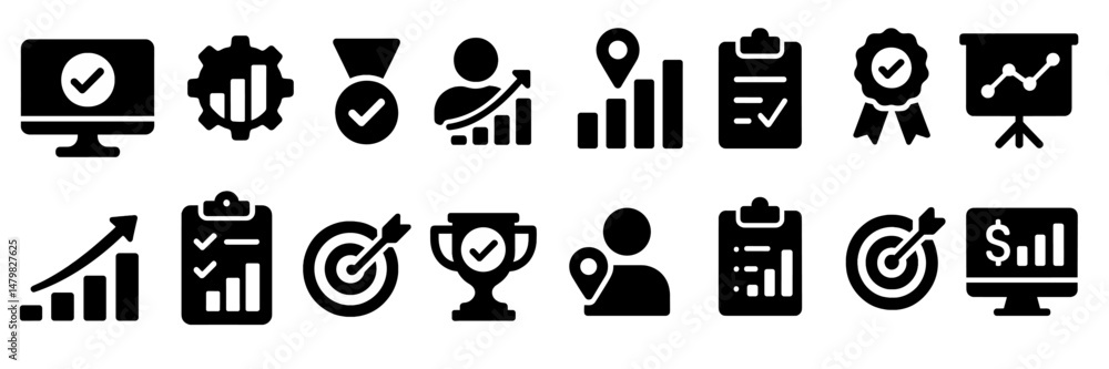 Aufkleber collection of black web icons representing various business and analytics concepts for digital appli