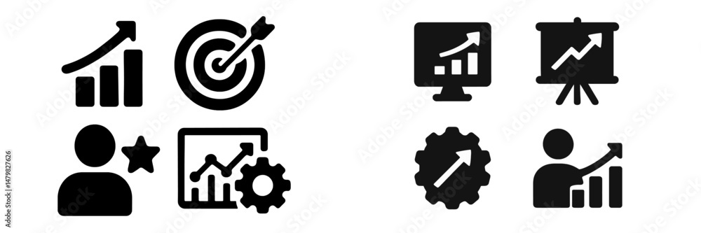 Poster collection of web icons representing growth, analytics, and user engagement for digital applications