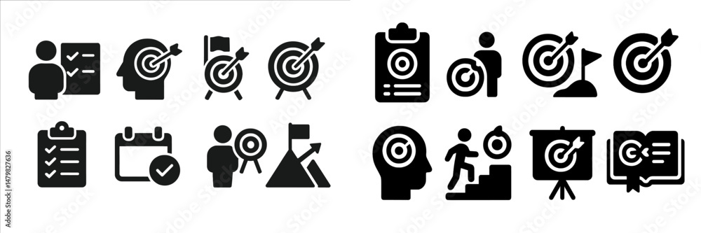 Poster web icons representing goal setting, achievement, and productivity concepts in a modern design, suit
