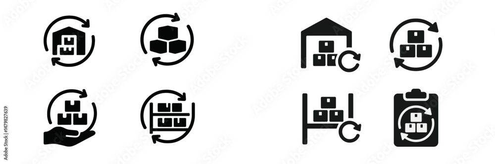 Poster collection of versatile web icons representing shipping, packaging, and inventory management for dig