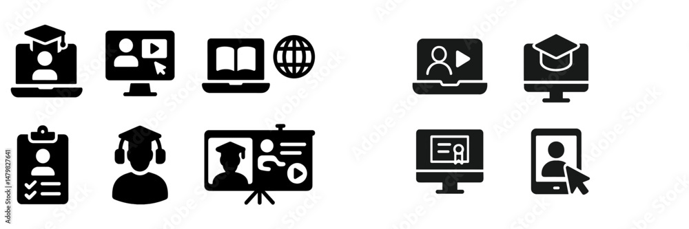 Aufkleber collection of black and white web icons representing various online learning activities and educatio