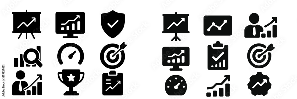 Poster collection of web icons representing growth analytics, performance tracking, and business metrics in
