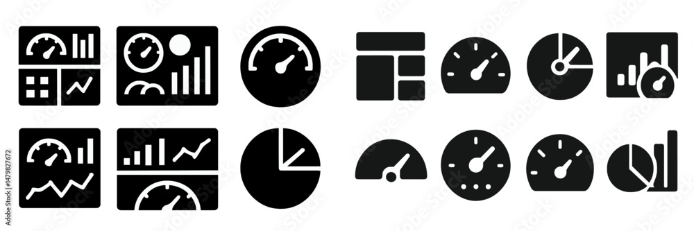 Poster collection of web icons representing data analytics, performance metrics, and various graphical elem