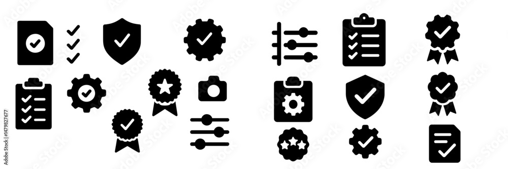 Poster collection of web icons featuring symbols of approval, security, and organization for digital applic
