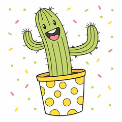 Cactus In Pot Happy Cactus in a Polka Dot Flowerpot Cute and Quirky Plant Vector Illustration