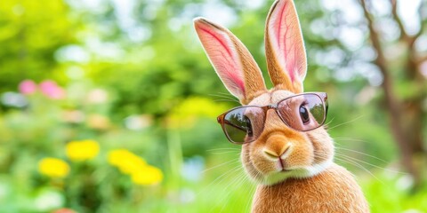 Cute bunny wearing sunglasses in a garden