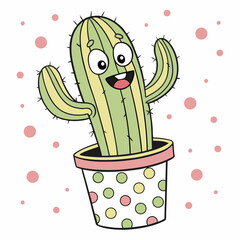 Cactus In Pot Happy Cactus in a Polka Dot Flowerpot Cute and Quirky Plant Vector Illustration