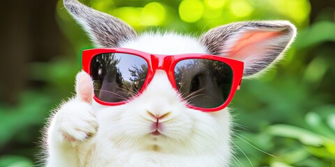 Adorable bunny in red sunglasses giving a thumbs up outdoors