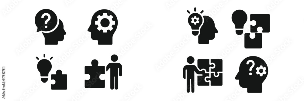 Poster Set of web icons depicting problem-solving, idea generation, and brainstorming concepts with stylized human figures and puzzle pieces