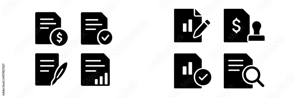 Poster Set of web icons representing financial transactions, document management, and analytical processes in minimalistic design style