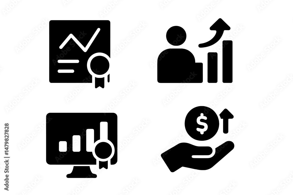Poster set of web icons representing business growth, achievement, and performance analysis in a profession