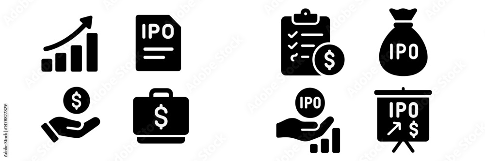 Poster set of web icons illustrating financial concepts related to initial public offerings