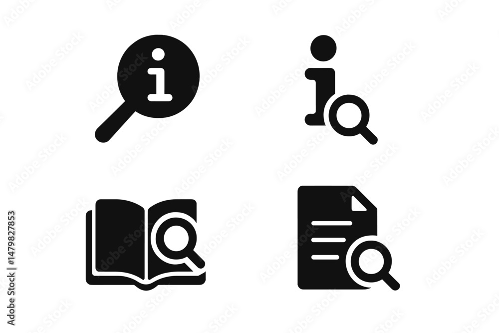 Poster collection of web icons depicting information symbols and search functionality for digital interface
