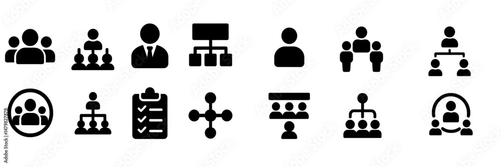 Fototapete collection of minimalistic web icons representing various aspects of teamwork, organization, and com