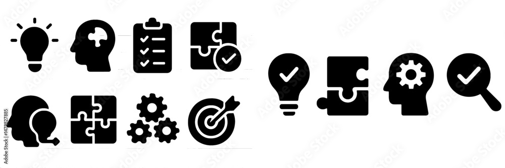 Poster collection of web icons illustrating creativity, problem solving, and teamwork in a minimalist desig