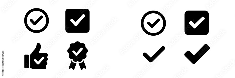 Fototapete collection of simple web icons featuring check marks, thumbs up, and badges for digital user interfa