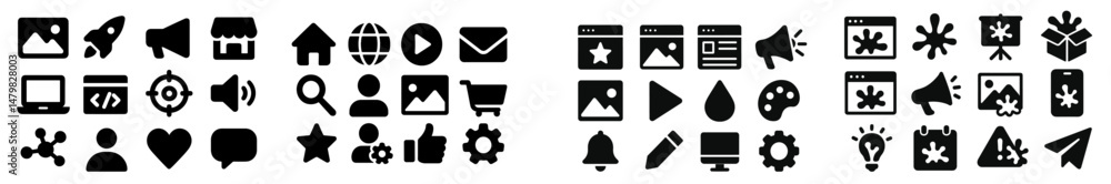 Fototapete collection of black web icons representing various digital activities and services for user interfac