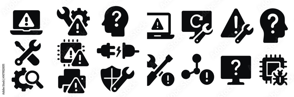 Poster set of web icons depicting warning and troubleshooting symbols for digital issues and technology sup