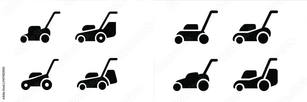 Poster set of simple lawn mower web icons for digital design and user interfaces in various styles and orie