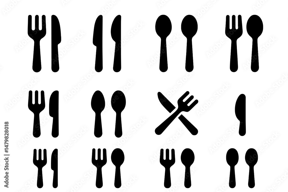 Aufkleber collection of web icons featuring various kitchen utensils including forks, knives, and spoons arran