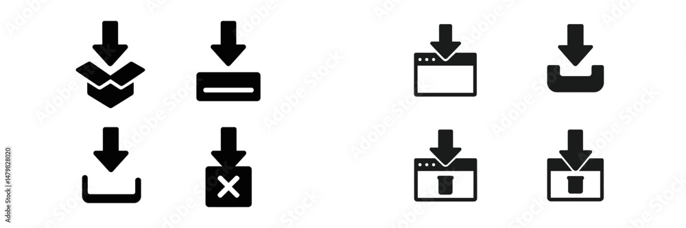 Poster collection of web icons representing various download options and actions in a minimalistic design s
