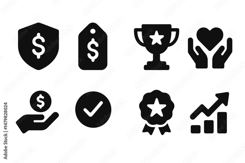 Poster Set of web icons representing finance, awards, and growth for digital applications and user interfaces