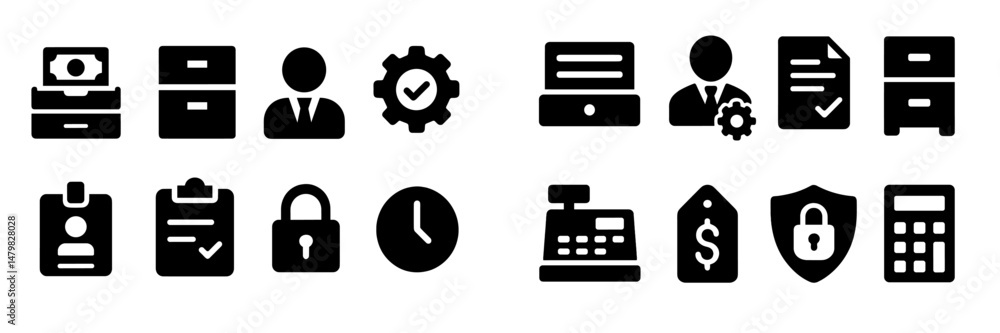 Aufkleber collection of web icons representing business, finance, and security concepts in a simple and modern