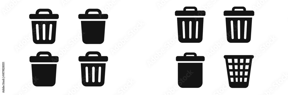 Leinwandbilder collection of black web icons representing various trash bin designs for digital interfaces and appl