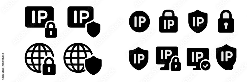Poster collection of web icons representing internet security, privacy, and ip protection in a modern style