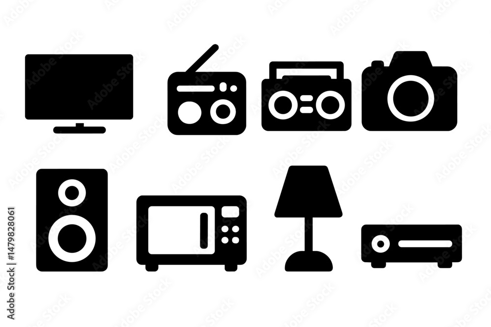 Aufkleber collection of black and white web icons representing home appliances and electronic devices for digi