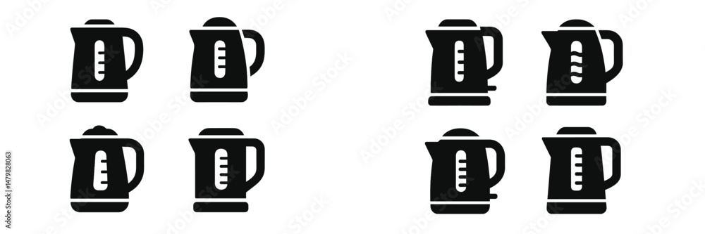 Poster collection of web icons featuring various designs of electric kettles in black and white for user in