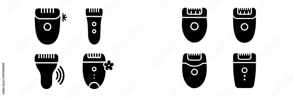 Poster set of web icons representing various grooming devices in simple black and white design