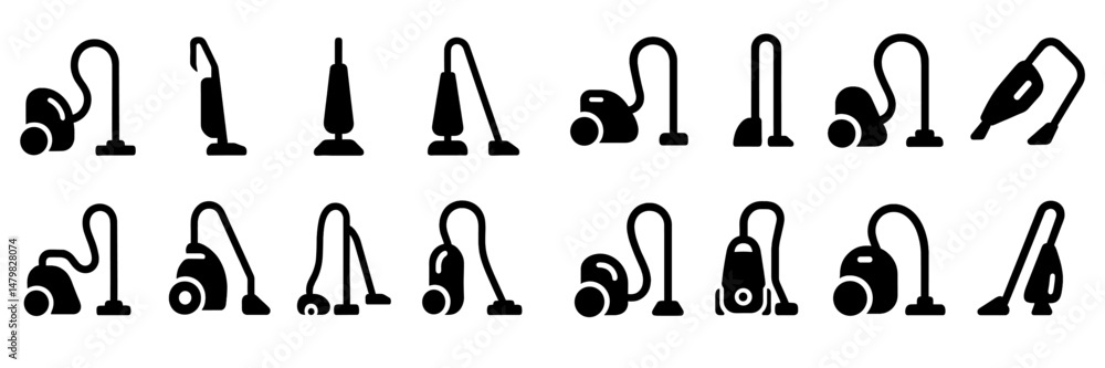 Poster set of diverse vacuum cleaner web icons showcasing different styles and designs for digital applicat