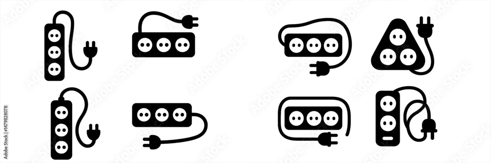 Aufkleber Set of web icons representing various types of electrical outlets and power strips displayed in a clean monochromatic design