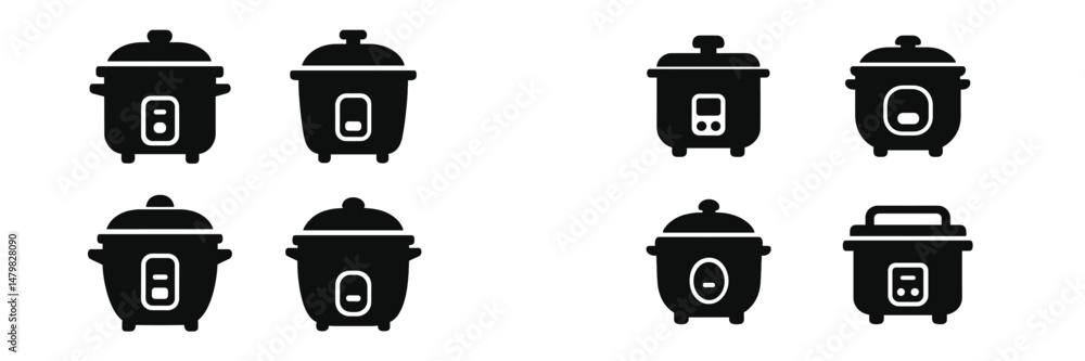 Poster set of web icons featuring various styles of rice cookers in minimalist design