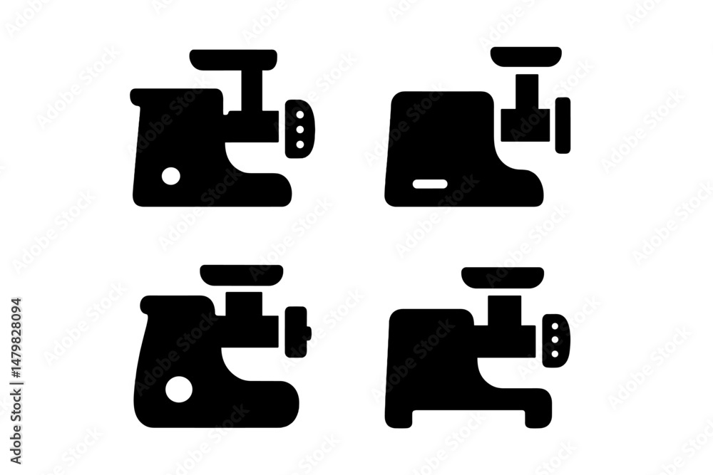 Poster set of web icons representing meat grinders suitable for food industry and culinary applications in 