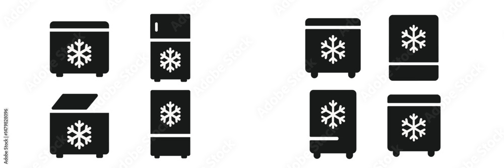 Poster Collection of web icons featuring various freezer and refrigerator designs in black and white