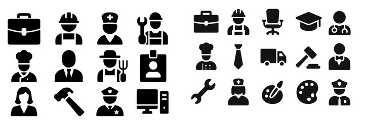 Collection of web icons representing various professions and tools for digital design and user interface applications