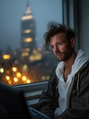 Young man with messy hair and beard working on laptop indoors during rainy evening with city lights outside window