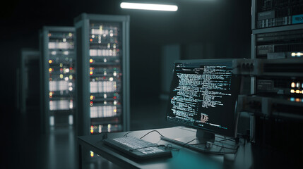 Fototapeta premium Data center server room with computer monitor displaying code and network infrastructure