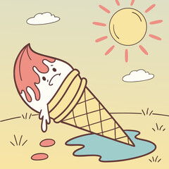 Melting Ice Cream Cone Panicking Under the Sun Funny Summer Cartoon Vector Design