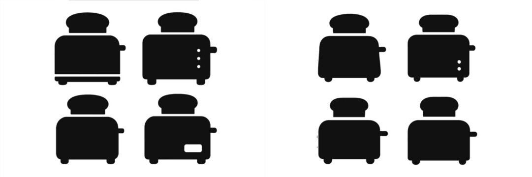 Set of web icons representing toasters in minimalist design and black silhouette style