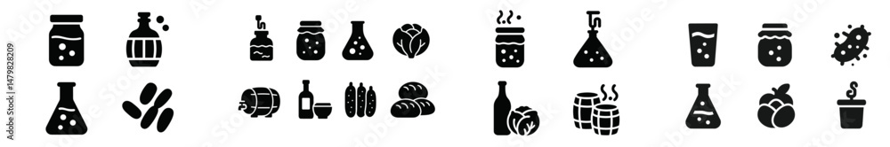 Poster collection of web icons featuring various laboratory and food-related items in minimalist design for