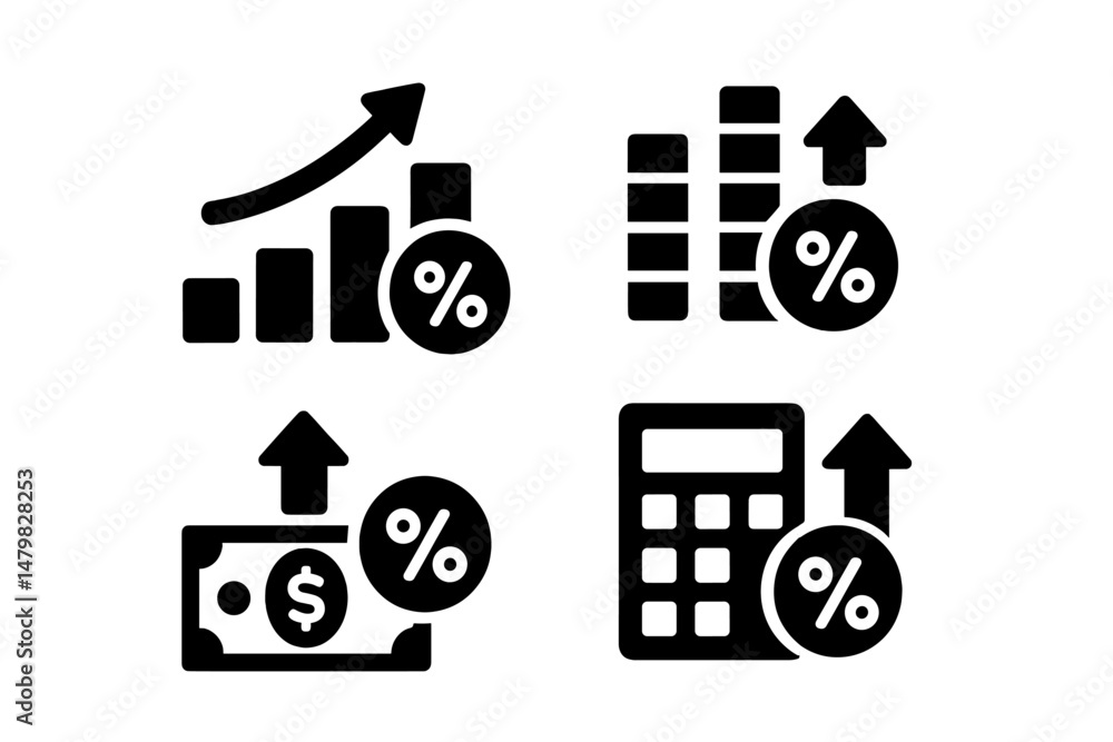 Leinwandbilder set of black web icons representing growth metrics, financial calculations, and percentage increases