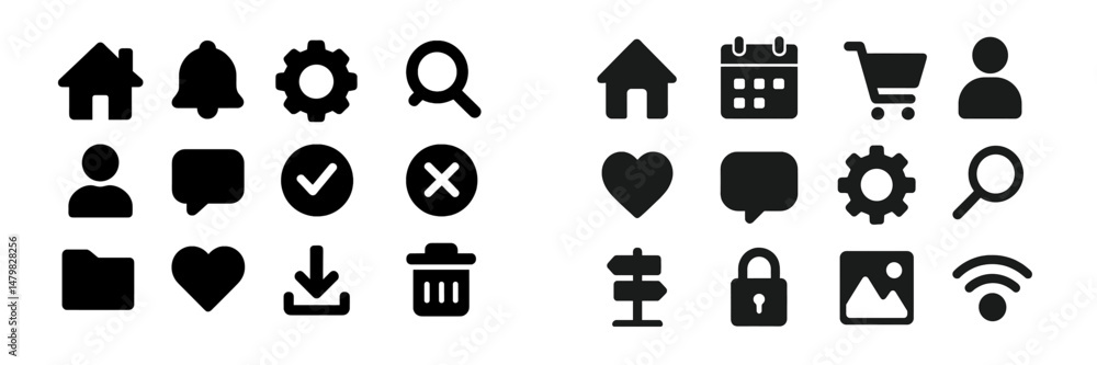 Poster Collection of black web icons for user interface design showcasing various functions and actions