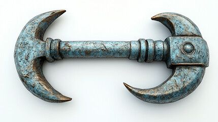 Ancient, stylized, double-headed axe, weapon,  rusted blue-bronze finish,  isolated on white background.