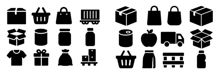 Plakat Collection of black and white web icons representing various types of packaging and consumer goods