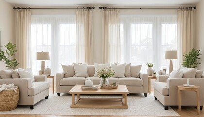 Fototapeta premium Bright Beige Living Room Interior with Neutral Sofa and Cream Chairs