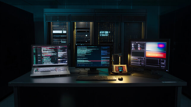 Cybersecurity data center with server racks and monitors displaying code and information