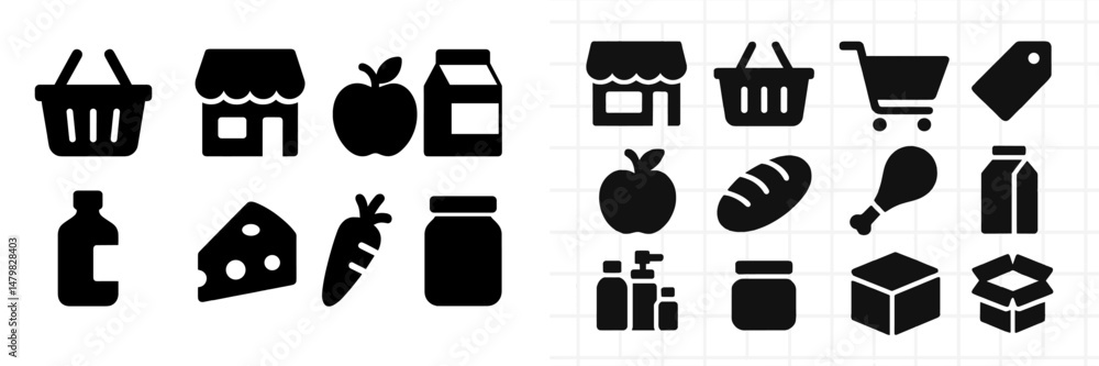 Poster collection of web icons representing shopping, food, and grocery items for digital design use